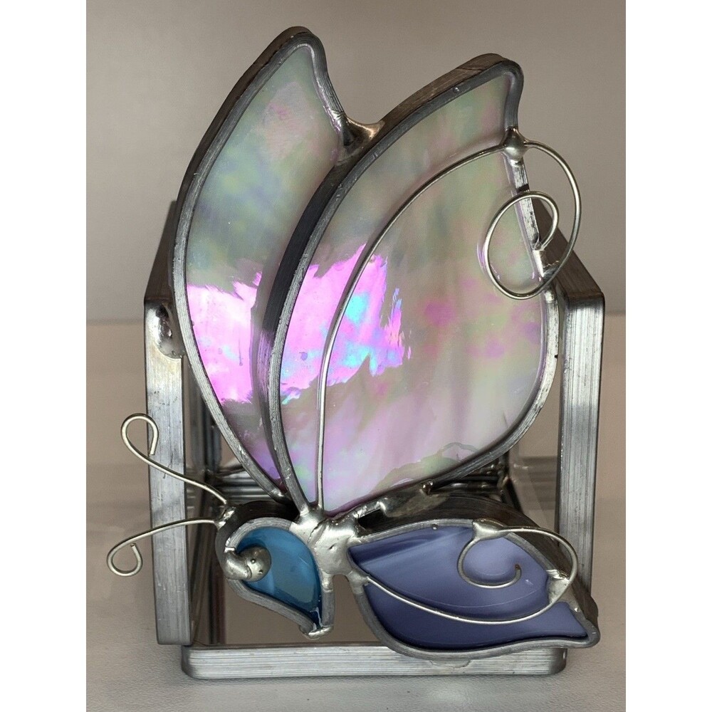 Opalescent Stained Glass Bitterly Votive Candle Holder w Glass Sides & Mirror
